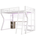 Cama alta 140x200 cm com secretária integrada, fita LED regulável e tomada integrada, 204x181,5x180 cm, Branco