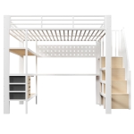 Cama alta 140 x 200 cm, prateleira integrada e 3 gavetas, sem colchão, 251x146x170 cm, Branco