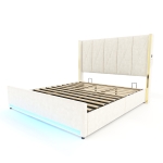 Cama de terciopelo con cabecero acolchado y capitoné, prácticos bolsillos laterales, apta para colchón 180x200 cm, 190x213x141 cm, Beige
