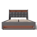 Letto imbottito 140x200 cm con materasso, leva a gas con vano contenitore, rete a doghe in metallo e testiera imbottita effetto lino, 210x145x117 cm, Grigio