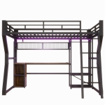 Cama alta 140x200 cm com secretária integrada, fita LED regulável e tomada integrada, 204x181,5x180 cm, Preto