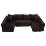 Divano a U in velluto a coste con portabicchieri integrato e tasca laterale, imbottitura a molle, 320x155x88 cm, Marrone