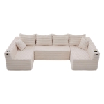 Divano a U in velluto a coste con portabicchieri integrato e tasca laterale, imbottitura a molle, 320x155x88 cm, Beige
