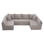 Divano a U in velluto a coste con portabicchieri integrato e tasca laterale, imbottitura a molle, 320x155x88 cm, Grigio chiaro
