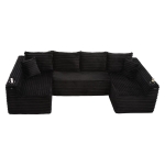 Sofá em U de veludo cotelê, com porta-copos integrado e bolso lateral, estofamento com molas, 320x155x88 cm, Preto