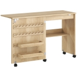 HOMCOM Mesa Máquina de Coser Plegable con Puerta Magnética 2 Compartimentos Estante 18 Soportes para Hilos 5 Ruedas Natural