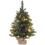 HOMCOM Weihnachtsbaum mit LED-Beleuchtung, 60 cm, Tannenzapfen und rote Beeren, inkl. Ständer, Grün/Weiß