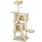 PawHut Albero Tiragraffi per Gatti Alto 140 cm con 2 Casette, Amaca, Lettino e Pali in Sisal, Beige