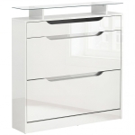HOMCOM Schuhschrank Schuhregal mit 3 Schubladen Aufbewahrungsschrank Kippeimer mit Klapptür Glasplatte Verstellbares Regal Großes Fassungsvermögen für 14 Paar Hochglanz+Weiß 89 x 23 x 96 cm
