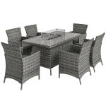 Outsunny 7 Pieces Outdoor Rattan Garden Furniture with Fire Pit Table, 6 Seater Garden Table and Chairs with Cushions, Rattan Dining Set with Propane Heater Table, Windscreen, 50,000 BTU, Grey