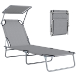 Outsunny Folding Sun Lounger with Canopy, Reclining Sunbed with 4-Position Adjustable Backrest, 600D Oxford Cloth, Portable Garden Lounger Recliner Chair for Beach, Camping, Patio, Light Grey
