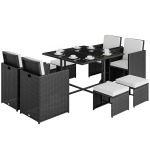 Outsunny 9 Piece Rattan Cube Garden Furniture Dining Set with Armchairs, Footstools and Glass-Top Table, Black