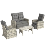 Outsunny 4 Piece Rattan Garden Furniture Set Outdoor Sofa Sectional Set with Glass Top Table for Poolside, Light Grey