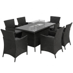 Outsunny 7 Pieces Outdoor Rattan Garden Furniture with Fire Pit Table, 6 Seater Garden Table and Chairs with Cushions, Rattan Dining Set with Propane Heater Table, Windscreen, 50,000 BTU, Black
