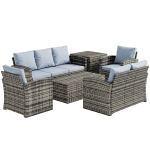 Outsunny 6 Pieces Rattan Garden Furniture Set, 7 Seater Wicker Outdoor Furniture Set with Storage Tea Table & Side Table, Sectional Garden Sofa Set with Cushions, Grey