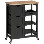 HOMCOM Chariot desserte de cuisine à roulettes plan de travail en bois 3 tiroirs et 1 plateau amovible 67 x 37 x 85,5 cm noir