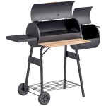 Outsunny Smoker Grill BBQ Holzkohlengrill Grillwagen Multifunktion mit 2 x Brennkammer Schornstein Metall + Tannenholz Schwarz 124 x 53 x 104 cm