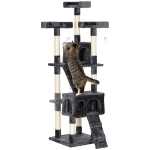 PawHut Albero Tiragraffi per Gatti con 3 Posatoi, 2 Casette e Giochi Appesi, in Legno e Peluche, 49x49x173 cm, Grigio