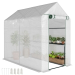 Outsunny Walk In Greenhouse with 2-Tier Shelves, Roll up Zip Panel Door, Garden Polytunnel Steeple Grow House for Outdoor, 6 x 4 x 6ft White