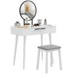 HOMCOM Modern Dressing Table with Round Mirror and Stool, Makeup Vanity Table with 2 Drawers for Bedroom, Living Room, 80 x 40 x 123 cm, White
