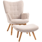 HOMCOM Fauteuil avec repose pied, dossier haut, pieds en bois et tissu aspect velours côtelé, pour salon chambre à coucher beige