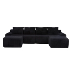 4-Seater Modular Cord Sofa with 2 Ottomans and Integrated Cup‑Holders, Corduroy Sectional Sofa for Living Rooms, 333L x 174W x 80H cm, Black