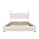 Modern Platform Bed with Hydraulic Lift System, Functional Bed Frame with Built-In Reading Lamps and USB Ports, 199L x 142W x 106H cm, Beige