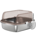 PawHut Arenero para Gatos Cubierto con Bandeja de Acero Inoxidable Bordes Altos Pala y Zona para Caída de Arena Gris