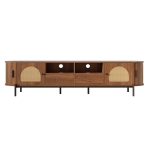 Space-Saving TV Stand with 2 Sliding Doors and 2 Drawers, Stylish TV Cabinet with Rattan Doors and Metal legs, 200L x 40W x 50H cm, Walnut