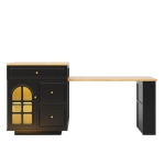 Extendable Bar Table with Arched Tempered Glass Doors, Space-Saving Dining Table for Kitchen or Living Space, 195.5L x 70W x 93.5H cm, Black
