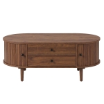 Spacious Room Table with Sliding Doors and 2 Drawers, Retro Oval Coffee Table with Vertical Slats and Clean Lines, 100L x 50W x 40H cm, Walnut