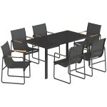 Outsunny Ensemble de Salle à Manger d'Extérieur 7 Pièces pour 6 Personnes, Table en Verre et Chaises avec Accoudoirs Décoratifs, Maille Résistante aux Intempéries, Noir
