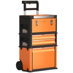 HOMCOM Caja de Herramientas con Ruedas Apilable Carro de Herramientas de Acero con Bandeja Mango Telescópico Naranja y Negro