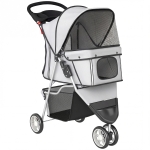 PawHut Carrito para Perros Pequeños Plegable hasta 10 kg con 3 Ruedas Capota Ajustable Cesta Ventanas de Malla Portavasos Gris