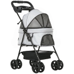 PawHut Carrito para Perros Pequeños con 4 Ruedas Freno Cesta Capota Correas de Seguridad y Ventanas 67x45x96 cm Gris Claro
