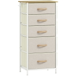 HOMCOM Schlafzimmer-Kommode mit 5 Stoffschubladen, Stahlstreben, Holzoberfläche, 4 Aufbewahrungstaschen, 2 Haken, Beige