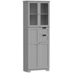 HOMCOM Meuble de salle de bain haut, meuble de rangement avec 4 portes dont 2 vitrées, 2 tiroirs et étagères réglables, gris