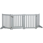 PawHut Barrière de Sécurité Chien Pliable Double Face en Bois, 4 Panneaux avec Porte, Pieds de Support, 205 x 60 cm, Gris