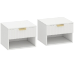 HOMCOM Set de 2 Noptiere Suspendate cu Panouri Canelate, Sertar și Raft, 40x34x29 cm, Alb