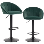 HOMCOM Bar Stools Set of 2 Adjustable Swivel Velvet Breakfast Bar Stools with Backrest, Dark Green
