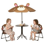 Outsunny Kids Bistro Table and Chair Set, Outdoor Folding Garden Furniture w/Monkey Design, Removable, Adjustable Sun Umbrella, Ages 3-6 Years - Brown