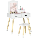 ZONEKIZ Toucador Infantil de Madeira com Banco Espelho e 2 Gavetas Brinquedo Educativo para Crianças de 3-6 Anos 60x40x95cm Branco