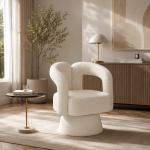 Designer-Drehstuhl für Büro, gepolstert mit Bouclé-Stoff, Tonnenform für Wohnzimmer und Büro, Beige