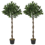 Outsunny Artificial Bay Laurel Topiary Trees with Twisted Trunk, Realistic Lush Topiary Ball Tree with Weighted Pot, Set of 2