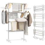 HOMCOM Étendoir à Linge 4 Niveaux, Sechoir a Linge avec 6 Roulettes, Pliable, Cadre en Acier Inoxydable et Ailes Latérales, pour Intérieur Extérieur, 142 x 55 x 172 cm, Blanc