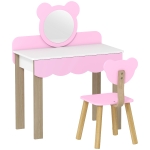 AIYAPLAY Kaptafel-set met kruk voor kinderen, schminkspiegel, berenvorm, lade, MDF, Roze