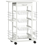 HOMCOM Chariot de service desserte de cuisine à roulettes multi-rangements 4 paniers métal tiroir + 4 range-bouteilles bois pin plateau carrelé blanc
