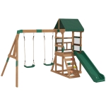 AIYAPLAY Speeltoren Klimrek Hout Schommelset met Glijbaan 2 Schommels Klimwand voor Kinderen van 3-8 Jaar 315x284x233 cm Groen