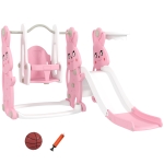 AIYAPLAY Toboggan et balançoire pour enfants 4 en 1 avec panier de basket, toboggan, balançoire, 147,5x160x107cm, rose