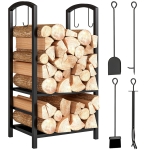 Outsunny Portalegna da Interno ed Esterno Rialzato a 2 Ripiani, Porta Legna da Ardere in Metallo con Paletta, Scopa, Attizzatoio e Pinza, Capacità 100 kg, 40x30x74.5 cm, Nero